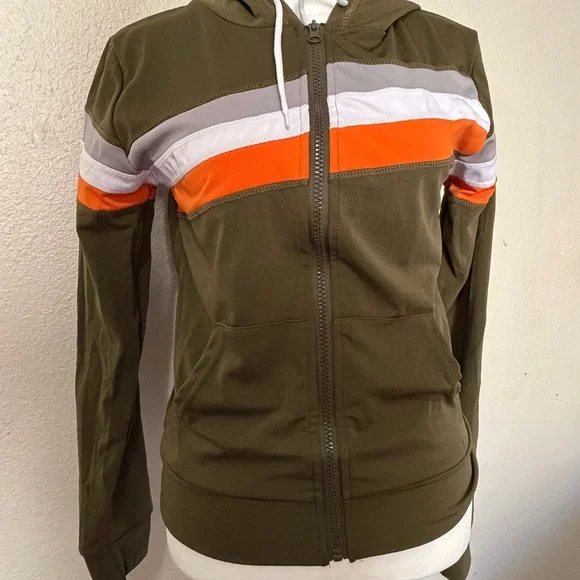AQ Sports Women's Poly Stripe Zip Front Hoodie with Orange and Withe Stripes - Picture 3 of 11